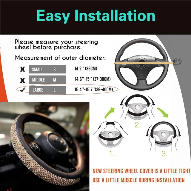 Alt view image 6 of 6 - PINCTROT Large Size Bling Comfy Steering Wheel Cover with Jumbo Crystal Rhinestones, Anti-Slip Diamond Leather, 15.5-15.75 Inch (Gold)