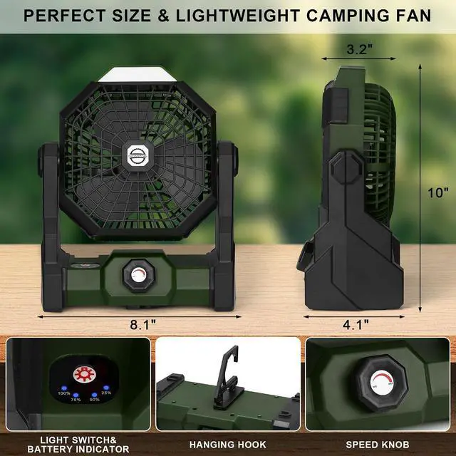 Alt view image 6 of 6 - Camping Fan with LED Lantern, Battery Powered Fan 10900mAh,Portable Fan Rechargeable Outdoor Tent Fan,Stepless Speed and Quiet, Battery Operated Fan for Tent,Picnic, Barbecue, Travel (Green)