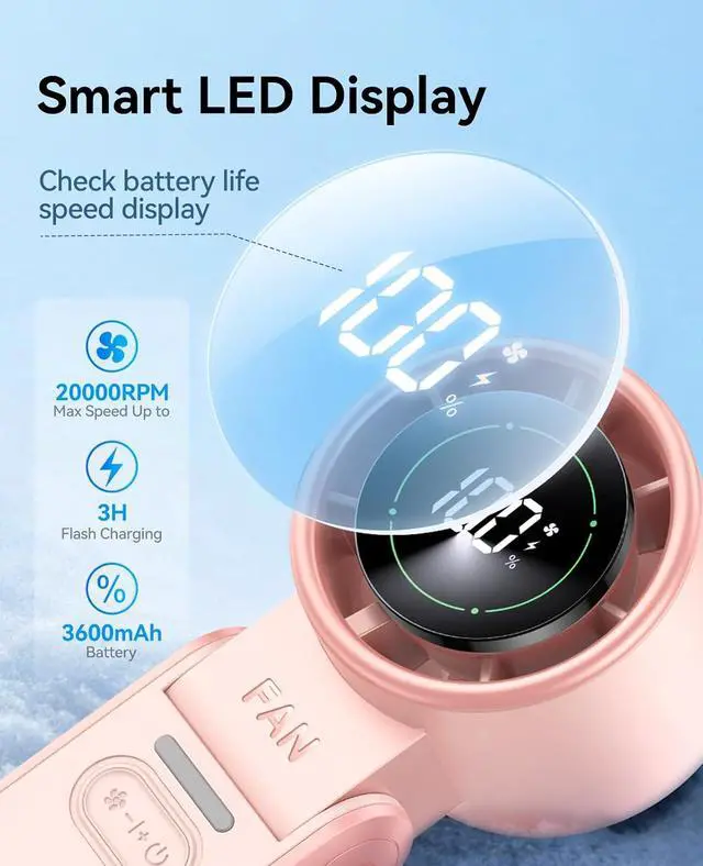 Alt view image 5 of 7 - KIMMOO 3-in-1 Portable Handheld Turbo Fan -100 Speeds, 10800 RPM, 12Hrs Cooling, 120° Rotation, USB Rechargeable Mini Hand Held Personal Fan for Travel Makeup Outdoor Indoor (Pink 2-pack)