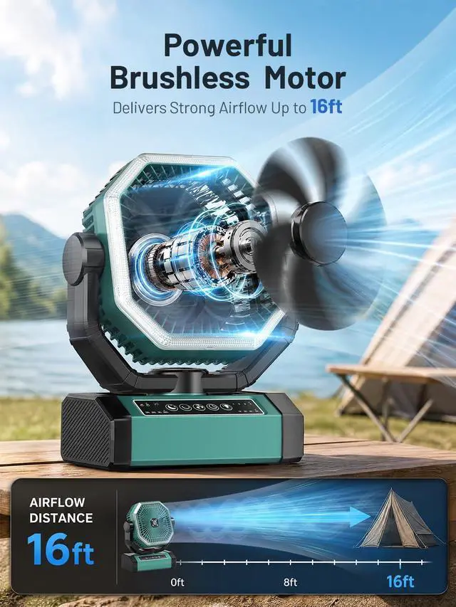 Alt view image 3 of 7 - Portable Rechargeable Fan - 9-Inch Camping Fan for Tent, 24000mAh(60Hrs) Battery Operated Fan for Camping, Auto Oscillation Cordless Fans, Tent Fan with Remote/Light, 4 Speeds, 4 Timing, Outdoor