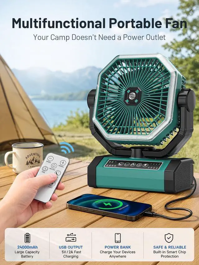 Alt view image 4 of 7 - Portable Rechargeable Fan - 9-Inch Camping Fan for Tent, 24000mAh(60Hrs) Battery Operated Fan for Camping, Auto Oscillation Cordless Fans, Tent Fan with Remote/Light, 4 Speeds, 4 Timing, Outdoor