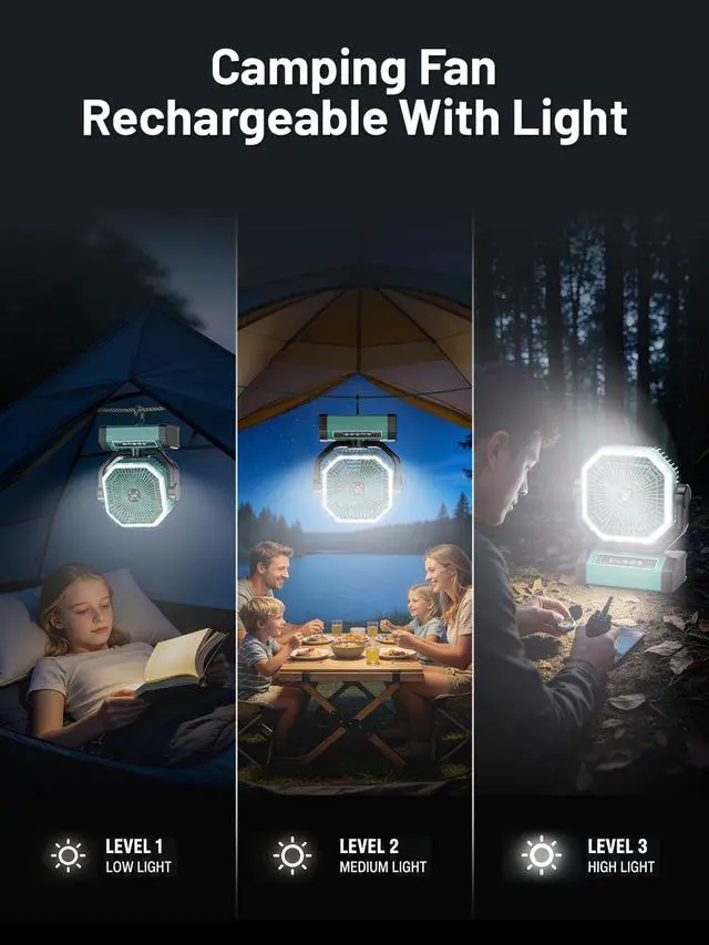 Alt view image 5 of 7 - Portable Rechargeable Fan - 9-Inch Camping Fan for Tent, 24000mAh(60Hrs) Battery Operated Fan for Camping, Auto Oscillation Cordless Fans, Tent Fan with Remote/Light, 4 Speeds, 4 Timing, Outdoor