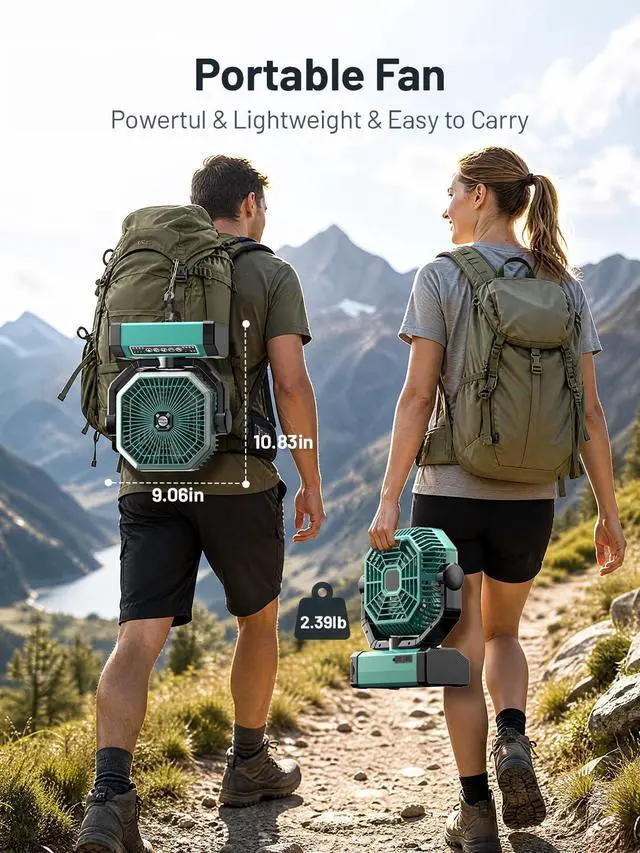 Alt view image 7 of 7 - Portable Rechargeable Fan - 9-Inch Camping Fan for Tent, 24000mAh(60Hrs) Battery Operated Fan for Camping, Auto Oscillation Cordless Fans, Tent Fan with Remote/Light, 4 Speeds, 4 Timing, Outdoor