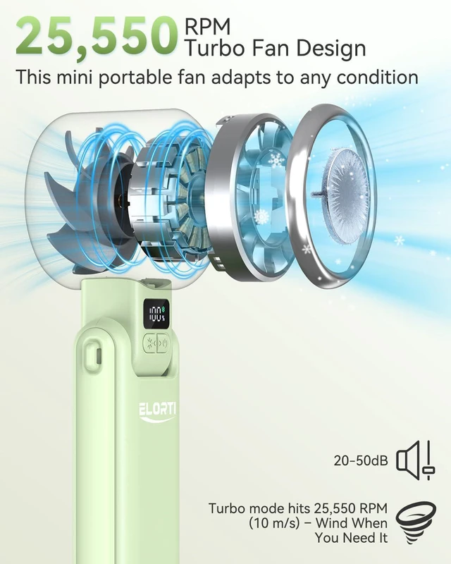 Alt view image 3 of 7 - Portable Handheld Fan, USB Fan with Turbo & Ice Cooling, 5-Speed 4000mAh Rechargeable, 3-in-1 Mini Electric Fan, Lightweight & Compact for Outdoor, Camping, for Men & Women -Green