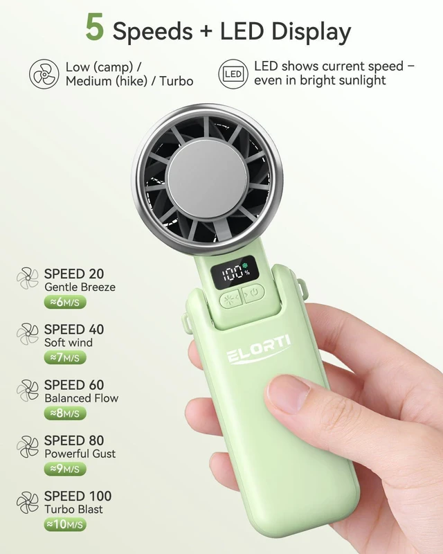 Alt view image 4 of 7 - Portable Handheld Fan, USB Fan with Turbo & Ice Cooling, 5-Speed 4000mAh Rechargeable, 3-in-1 Mini Electric Fan, Lightweight & Compact for Outdoor, Camping, for Men & Women -Green