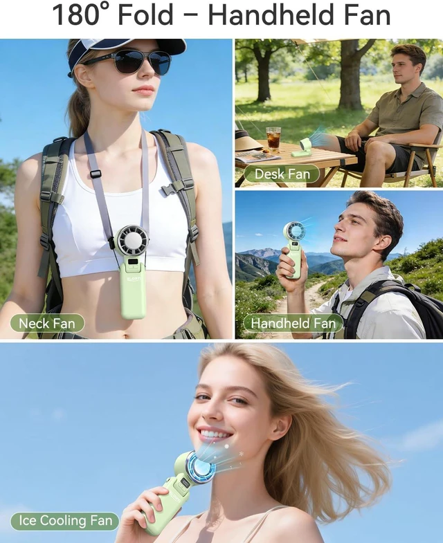 Alt view image 6 of 7 - Portable Handheld Fan, USB Fan with Turbo & Ice Cooling, 5-Speed 4000mAh Rechargeable, 3-in-1 Mini Electric Fan, Lightweight & Compact for Outdoor, Camping, for Men & Women -Green