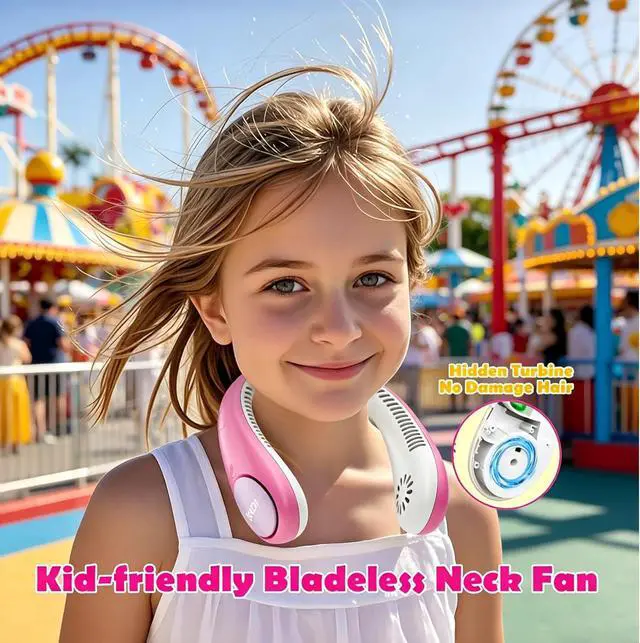 Alt view image 2 of 7 - Kids Neck Fan, Portable Bladeless Neck Fan for Kids 4-14Y, 2600mAh Rechargeable Wearable Fan for Girls Boys, 4 Speeds Lightweight Quiet Cooling Fan for Study, Camping, Travel, Summer Essential