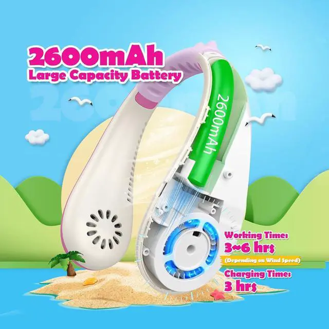 Alt view image 3 of 7 - Kids Neck Fan, Portable Bladeless Neck Fan for Kids 4-14Y, 2600mAh Rechargeable Wearable Fan for Girls Boys, 4 Speeds Lightweight Quiet Cooling Fan for Study, Camping, Travel, Summer Essential