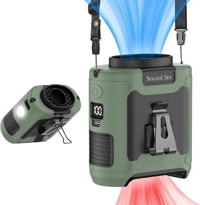 Main image of Socool 10000mAh Portable Waist Fan Clip on Wearable Belt Personal Fan Rechargeable Battery Operated With 5 Speeds & Flashlight Neck Hands-Free 40H Cooling For Outdoor Travel Camping Power Bank(Green)