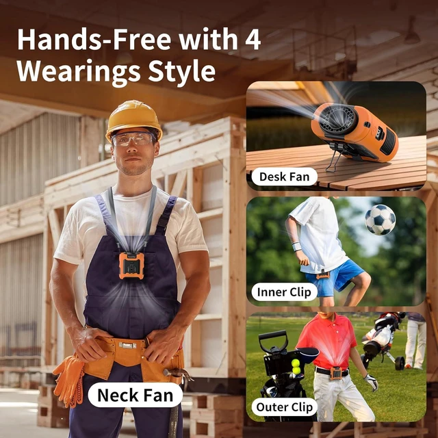 Alt view image 7 of 7 - Socool 10000mAh Portable Waist Fan Clip on Wearable Belt Personal Fan Rechargeable Battery Operated with 5 Speeds & Flashlight Neck Hands-Free 40H Cooling for Outdoor Travel Power Bank (Orange)
