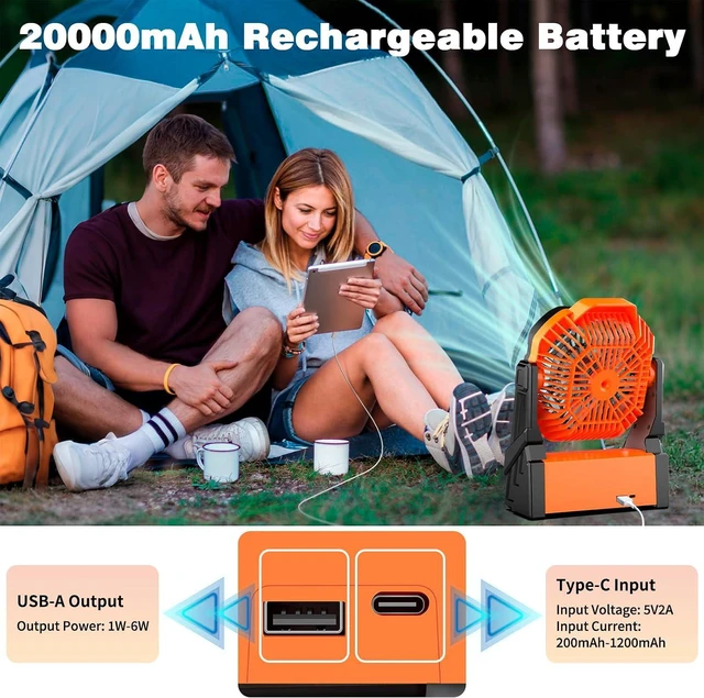 Alt view image 2 of 7 - Fotgear Rechargeable Camping Fan, 20000mAh USB Outdoor Tent Fan with Led Light, Portable Desk Table Fan with 4 Speeds, 4 Timers, Hanging Hook, Max 48H for Bedroom, Office, Fishing, Rv Travel, Picnic
