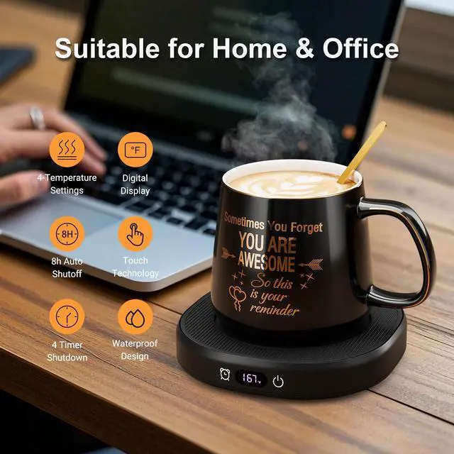 Alt view image 2 of 7 - Coffee Mug Warmer & You are Awesome Mug Set, Electric Cup Warmer with Auto Shut Off, 4 Temperature Setting Smart Beverage Warmer, 8-Hours Auto Shut Off (Black Awesome Mug)
