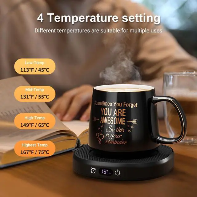 Alt view image 5 of 7 - Coffee Mug Warmer & You are Awesome Mug Set, Electric Cup Warmer with Auto Shut Off, 4 Temperature Setting Smart Beverage Warmer, 8-Hours Auto Shut Off (Black Awesome Mug)