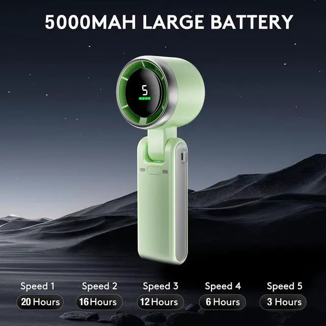 Alt view image 4 of 7 - Foldable Handheld Fan, Portable High Speed Rechargeable 5000mAh Mini Turbo Fan, Digital Display, 5 Speed Personal Pocket Fan for Travel, Camping, Stadium Essentials, Gifts for Women Men