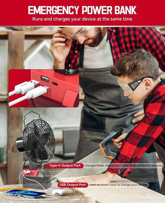 Alt view image 2 of 7 - Ecarke 7 Inch Portable Cordless Fan Compatible with Milwaukee 18V Battery (Tool Only) 20W 3500RPM 18v Fan with Low Voltage Protection,USB Type-C Charging Port for Industrial Outdoor Cooling