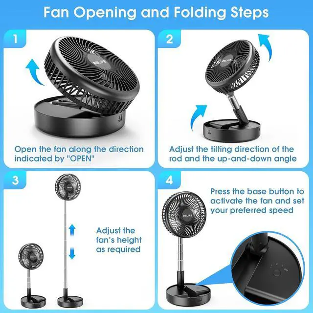 Alt view image 6 of 7 - Belife X8-Lite Portable Fan, 7200mAh Battery Powered Rechargeable,USB Desk Floor Fan with Remote, Foldable Telescopic Fan for Home Bedroom Sleeping Office Camping Travel, 7.7" (Non-Oscillating, Black)