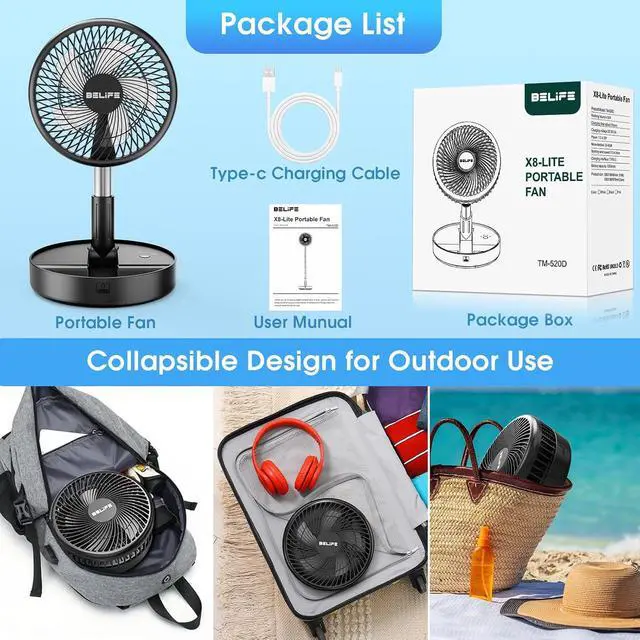 Alt view image 7 of 7 - Belife X8-Lite Portable Fan, 7200mAh Battery Powered Rechargeable,USB Desk Floor Fan with Remote, Foldable Telescopic Fan for Home Bedroom Sleeping Office Camping Travel, 7.7" (Non-Oscillating, Black)
