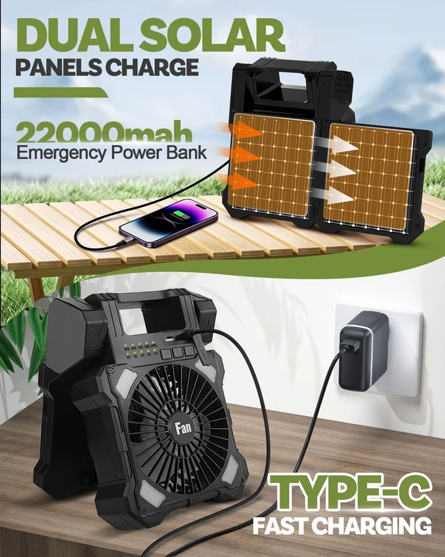 Alt view image 4 of 7 - 22000mAh Camping Solar Fan, Dual-Panel Rechargeable Solar Powered Fan with LED Light, 5 Adjustable Speeds Battery Powered Portable Fans, USB-C Fans for Travel Tent Home Camping Accessories