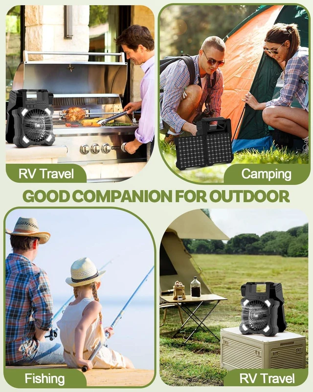 Alt view image 6 of 7 - 22000mAh Camping Solar Fan, Dual-Panel Rechargeable Solar Powered Fan with LED Light, 5 Adjustable Speeds Battery Powered Portable Fans, USB-C Fans for Travel Tent Home Camping Accessories