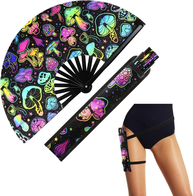 Main image of FairySandy Large Rave Fan UV Glow Hand Fan with Thigh Holster for Women Carnival Disco Party Supplies for Carnival Edm Music Festival Club Accessories Performance(Reflective Mushroom,Bright Color)