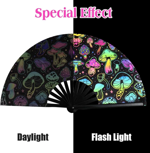 Alt view image 2 of 6 - FairySandy Large Rave Fan UV Glow Hand Fan with Thigh Holster for Women Carnival Disco Party Supplies for Carnival Edm Music Festival Club Accessories Performance(Reflective Mushroom,Bright Color)