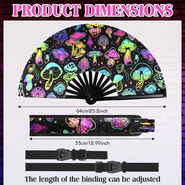 Alt view image 3 of 6 - FairySandy Large Rave Fan UV Glow Hand Fan with Thigh Holster for Women Carnival Disco Party Supplies for Carnival Edm Music Festival Club Accessories Performance(Reflective Mushroom,Bright Color)