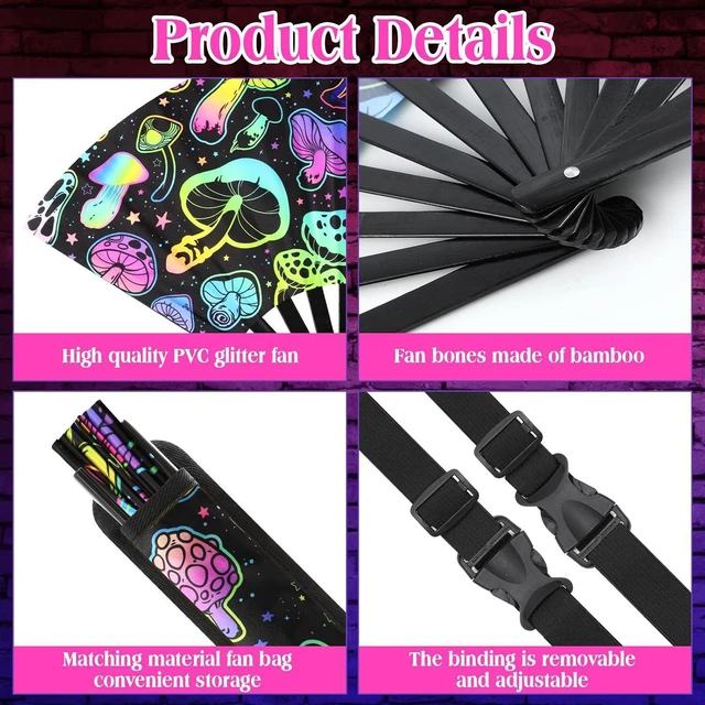 Alt view image 4 of 6 - FairySandy Large Rave Fan UV Glow Hand Fan with Thigh Holster for Women Carnival Disco Party Supplies for Carnival Edm Music Festival Club Accessories Performance(Reflective Mushroom,Bright Color)