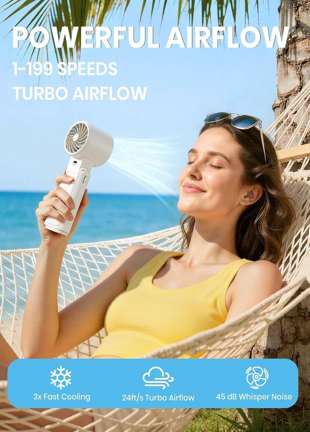 Alt view image 2 of 7 - Portable Handheld Turbo Fan, 1-199 Speed Adjustable with LED Display, High-Power Motor, Rechargeable Battery, 4 IN 1 Pocket Design Mini Fans for Indoor/Outdoor/Travel/Work, White