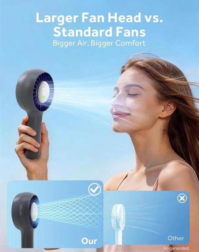 Alt view image 2 of 7 - Portable Handheld Fan Rechargeable Personal Fan and Desktop with Base,5 Gear Wind, 4000mAh Battery, LED Display, Small Handheld Fans for Travel, Office, Concerts, Makeup, Eyelash, Beach, Summer Gift