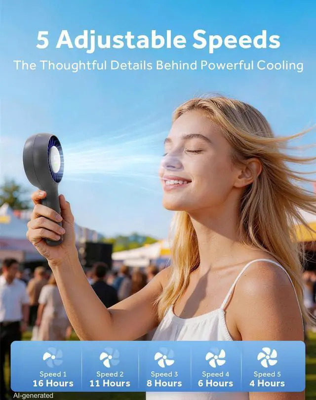 Alt view image 4 of 7 - Portable Handheld Fan Rechargeable Personal Fan and Desktop with Base,5 Gear Wind, 4000mAh Battery, LED Display, Small Handheld Fans for Travel, Office, Concerts, Makeup, Eyelash, Beach, Summer Gift