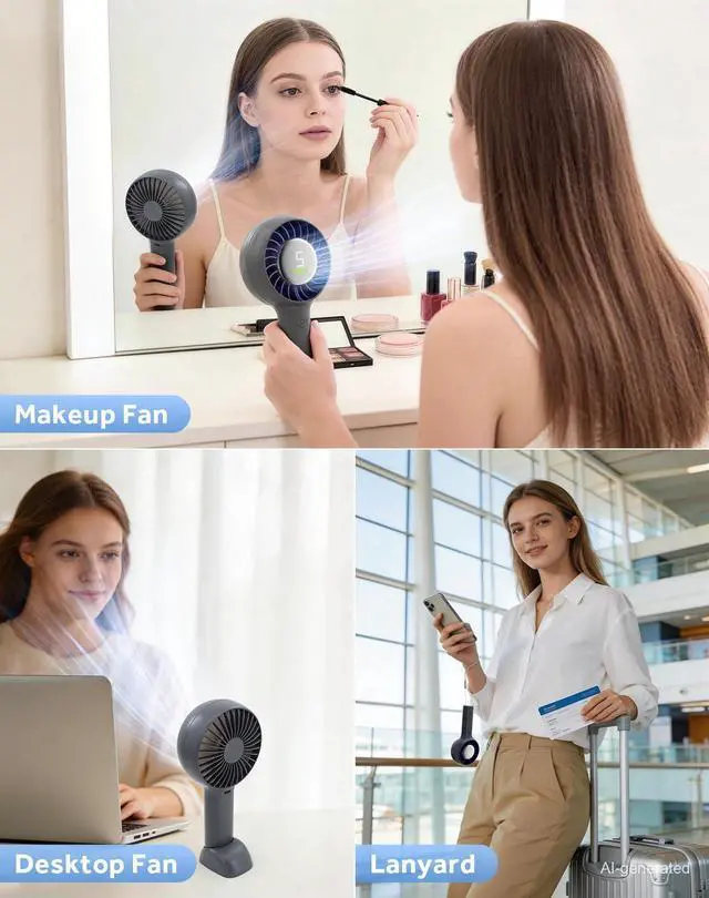 Alt view image 6 of 7 - Portable Handheld Fan Rechargeable Personal Fan and Desktop with Base,5 Gear Wind, 4000mAh Battery, LED Display, Small Handheld Fans for Travel, Office, Concerts, Makeup, Eyelash, Beach, Summer Gift