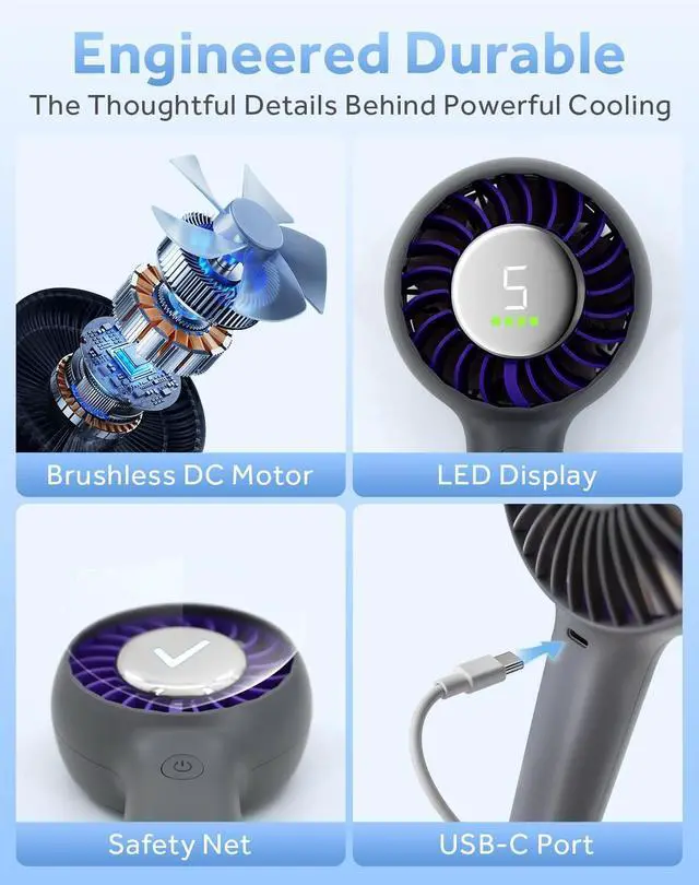 Alt view image 7 of 7 - Portable Handheld Fan Rechargeable Personal Fan and Desktop with Base,5 Gear Wind, 4000mAh Battery, LED Display, Small Handheld Fans for Travel, Office, Concerts, Makeup, Eyelash, Beach, Summer Gift