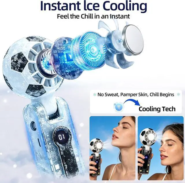 Alt view image 3 of 7 - Soccer Ball Portable Handheld Fan with Cooling Function, Rechargeable Personal Fan, 5 Speeds Fan with Flashlight, Up to 10H Battery Life for Travel, Outdoor, Sports Events, Summer Gift (Black)