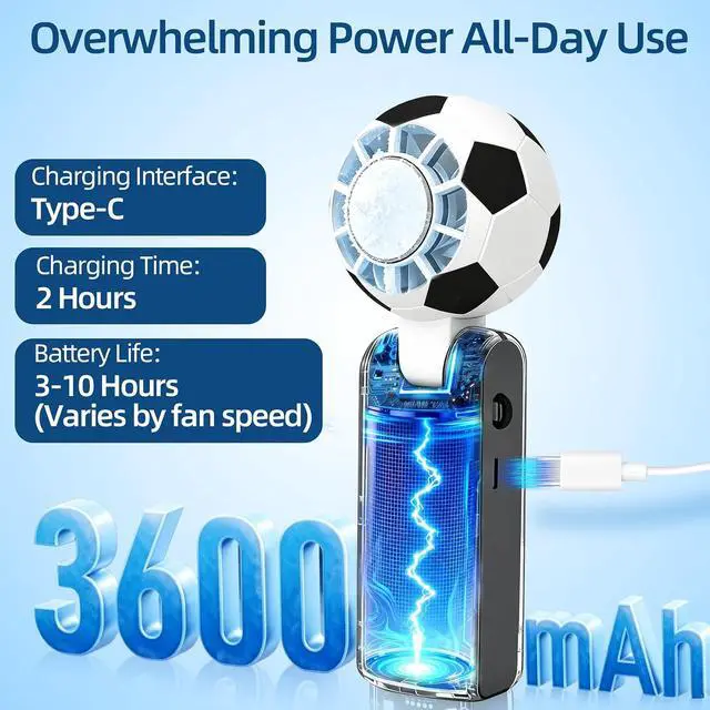 Alt view image 4 of 7 - Soccer Ball Portable Handheld Fan with Cooling Function, Rechargeable Personal Fan, 5 Speeds Fan with Flashlight, Up to 10H Battery Life for Travel, Outdoor, Sports Events, Summer Gift (Black)