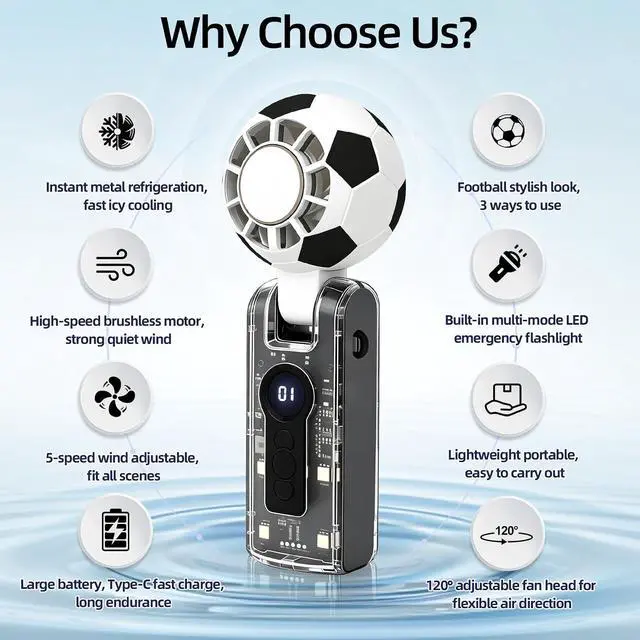 Alt view image 5 of 7 - Soccer Ball Portable Handheld Fan with Cooling Function, Rechargeable Personal Fan, 5 Speeds Fan with Flashlight, Up to 10H Battery Life for Travel, Outdoor, Sports Events, Summer Gift (Black)