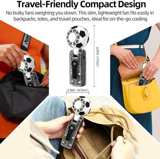 Alt view image 7 of 7 - Soccer Ball Portable Handheld Fan with Cooling Function, Rechargeable Personal Fan, 5 Speeds Fan with Flashlight, Up to 10H Battery Life for Travel, Outdoor, Sports Events, Summer Gift (Black)
