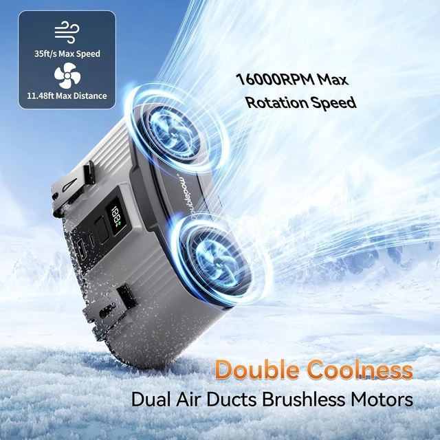 Alt view image 3 of 7 - Doublepow 12000mAh Portable Waist Fan, Personal Waist Fan, Dual Air Ducts Motors, USB Rechargeable Clip On Belt for Working, 10 Speeds & 23H Wearable Neck Cooling, for Outdoor, Work, Travel (Gray)