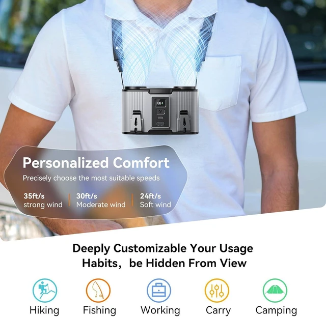 Alt view image 7 of 7 - Doublepow 12000mAh Portable Waist Fan, Personal Waist Fan, Dual Air Ducts Motors, USB Rechargeable Clip On Belt for Working, 10 Speeds & 23H Wearable Neck Cooling, for Outdoor, Work, Travel (Gray)