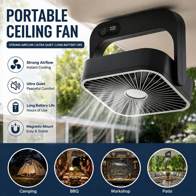 Alt view image 2 of 7 - Portable Desk Fan with Magnetic Stand, 5 Speeds USB Rechargeable Personal Fan, Strong Airflow Air Circulator for Bedroom Office Travel Cruise Essentials 2026, Black