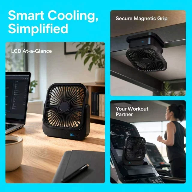 Alt view image 3 of 7 - Portable Desk Fan with Magnetic Stand, 5 Speeds USB Rechargeable Personal Fan, Strong Airflow Air Circulator for Bedroom Office Travel Cruise Essentials 2026, Black
