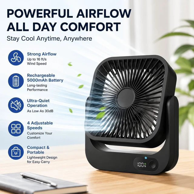 Alt view image 6 of 7 - Portable Desk Fan with Magnetic Stand, 5 Speeds USB Rechargeable Personal Fan, Strong Airflow Air Circulator for Bedroom Office Travel Cruise Essentials 2026, Black