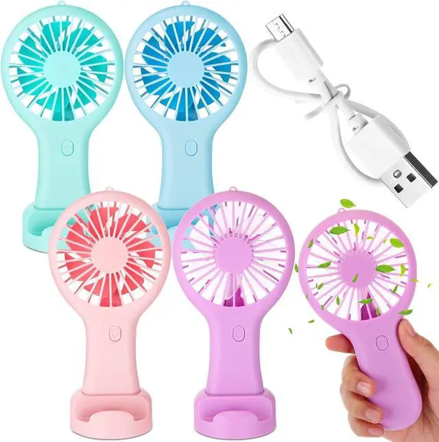 Main image of Woanger 4 Pcs Mini Handheld Fan Bulk 3 Speed USB Electric Battery Operated Small Portable Pocket Fan with Data Cable and Mounting Base Summer Gift for Wedding Travel (Purple, Pink, Blue, Green)