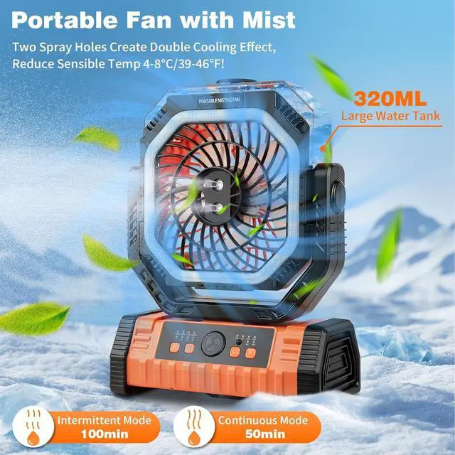 Alt view image 2 of 7 - Lostrain Camping Fan with Mist, Rechargeable Tent Fans 20000mAh Portable USB Desk Oscillating Spray Fan Battery Operated with 4 Speeds, Light, Remote, Timer, Hook for Outdoor Outside Patio Cooling