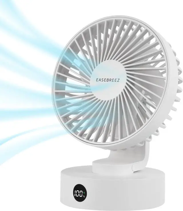 Main image of Desk Fan, Small Fan Quiet Operation, Lightweight USB Fan, Small Footprint, Table Fan Charges Via USB Port, A display Shows its Charge Level, 5 Speeds Settings, Adjustable Tilt, White