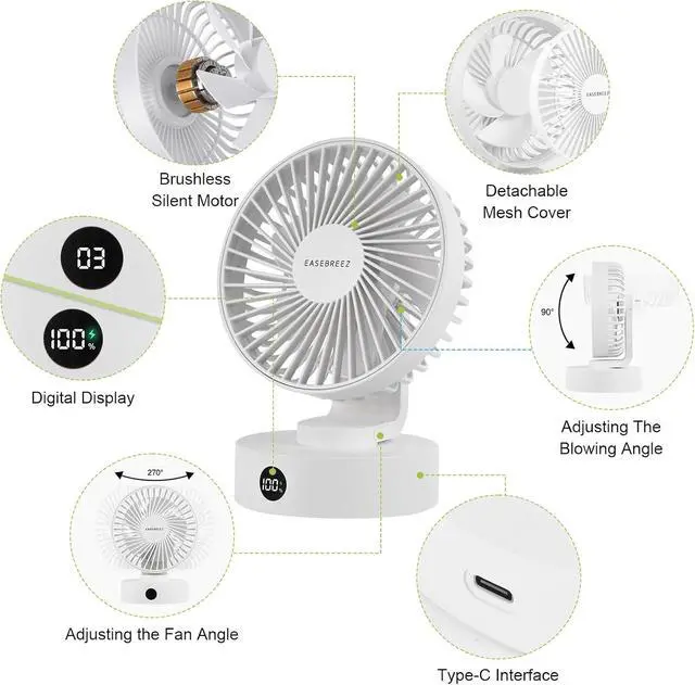 Alt view image 2 of 7 - Desk Fan, Small Fan Quiet Operation, Lightweight USB Fan, Small Footprint, Table Fan Charges Via USB Port, A display Shows its Charge Level, 5 Speeds Settings, Adjustable Tilt, White
