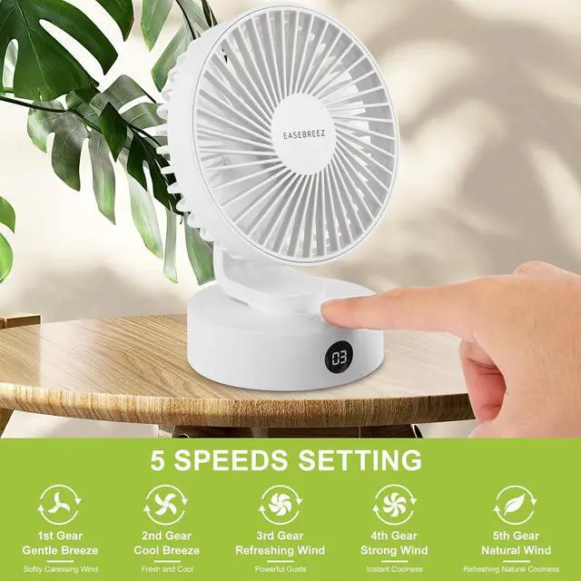 Alt view image 3 of 7 - Desk Fan, Small Fan Quiet Operation, Lightweight USB Fan, Small Footprint, Table Fan Charges Via USB Port, A display Shows its Charge Level, 5 Speeds Settings, Adjustable Tilt, White