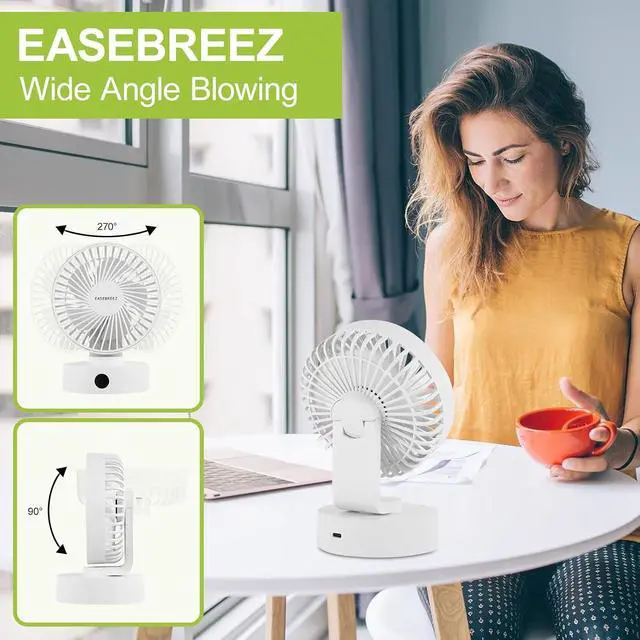 Alt view image 4 of 7 - Desk Fan, Small Fan Quiet Operation, Lightweight USB Fan, Small Footprint, Table Fan Charges Via USB Port, A display Shows its Charge Level, 5 Speeds Settings, Adjustable Tilt, White