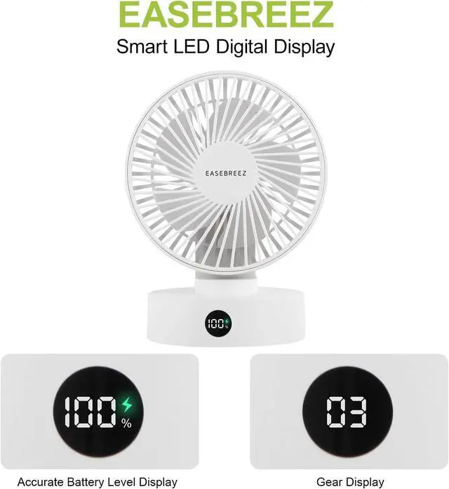 Alt view image 6 of 7 - Desk Fan, Small Fan Quiet Operation, Lightweight USB Fan, Small Footprint, Table Fan Charges Via USB Port, A display Shows its Charge Level, 5 Speeds Settings, Adjustable Tilt, White