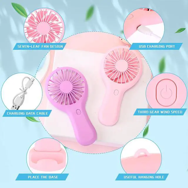 Alt view image 6 of 6 - Woanger 4 Pcs Mini Handheld Fan Bulk 3 Speed USB Electric Battery Operated Small Portable Pocket Fan with Data Cable and Mounting Base Summer Gift for Wedding Travel (Purple, Pink, Blue, Green)