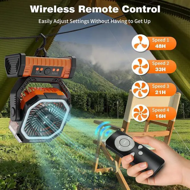 Alt view image 3 of 7 - Lostrain Camping Fan with Mist, Rechargeable Tent Fans 20000mAh Portable USB Desk Oscillating Spray Fan Battery Operated with 4 Speeds, Light, Remote, Timer, Hook for Outdoor Outside Patio Cooling